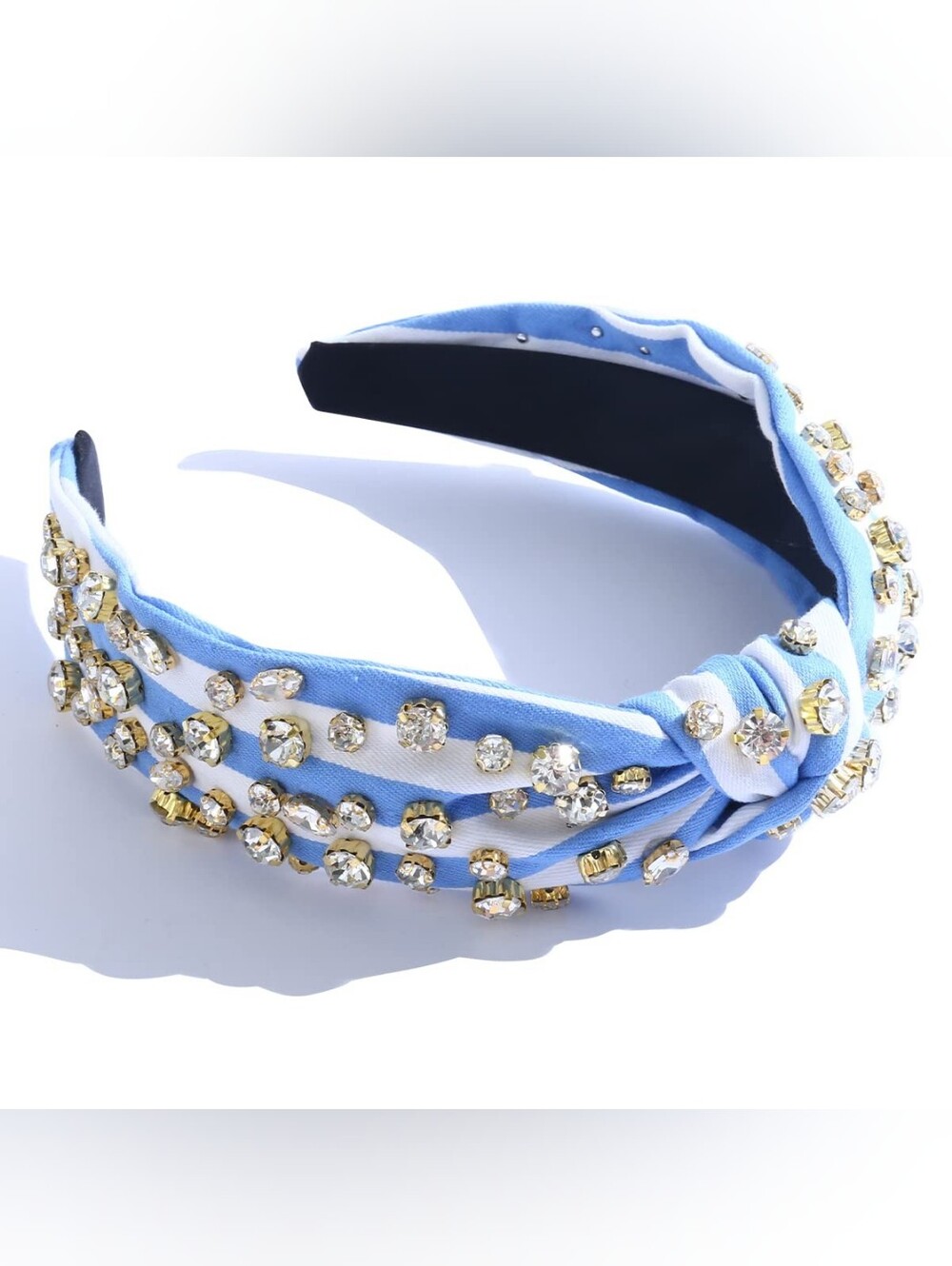 Boutique Embellished Light Blue Denim Striped Knotted Crystal Headband